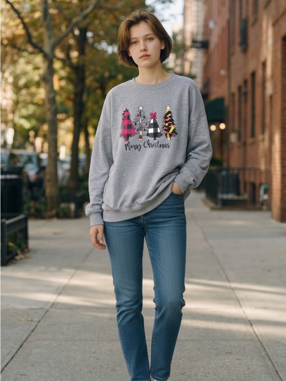 Gray Christmas Tree Graphic Sweatshirt
